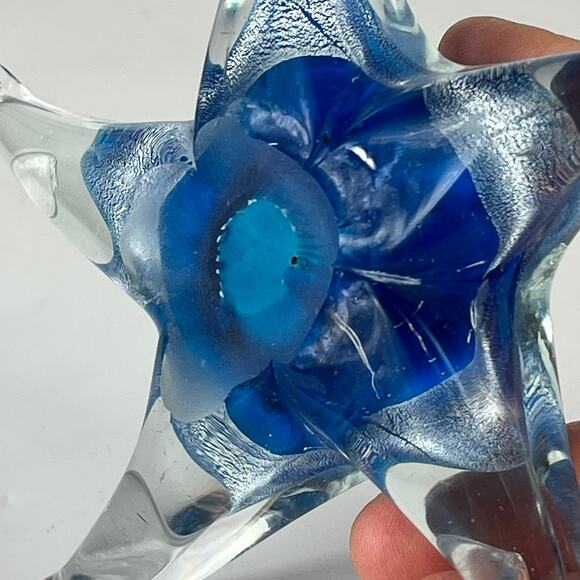 Blue Silver Art Glass Starfish Paperweight Mouthblown Handmade Figurine Decor - Picture 5 of 9
